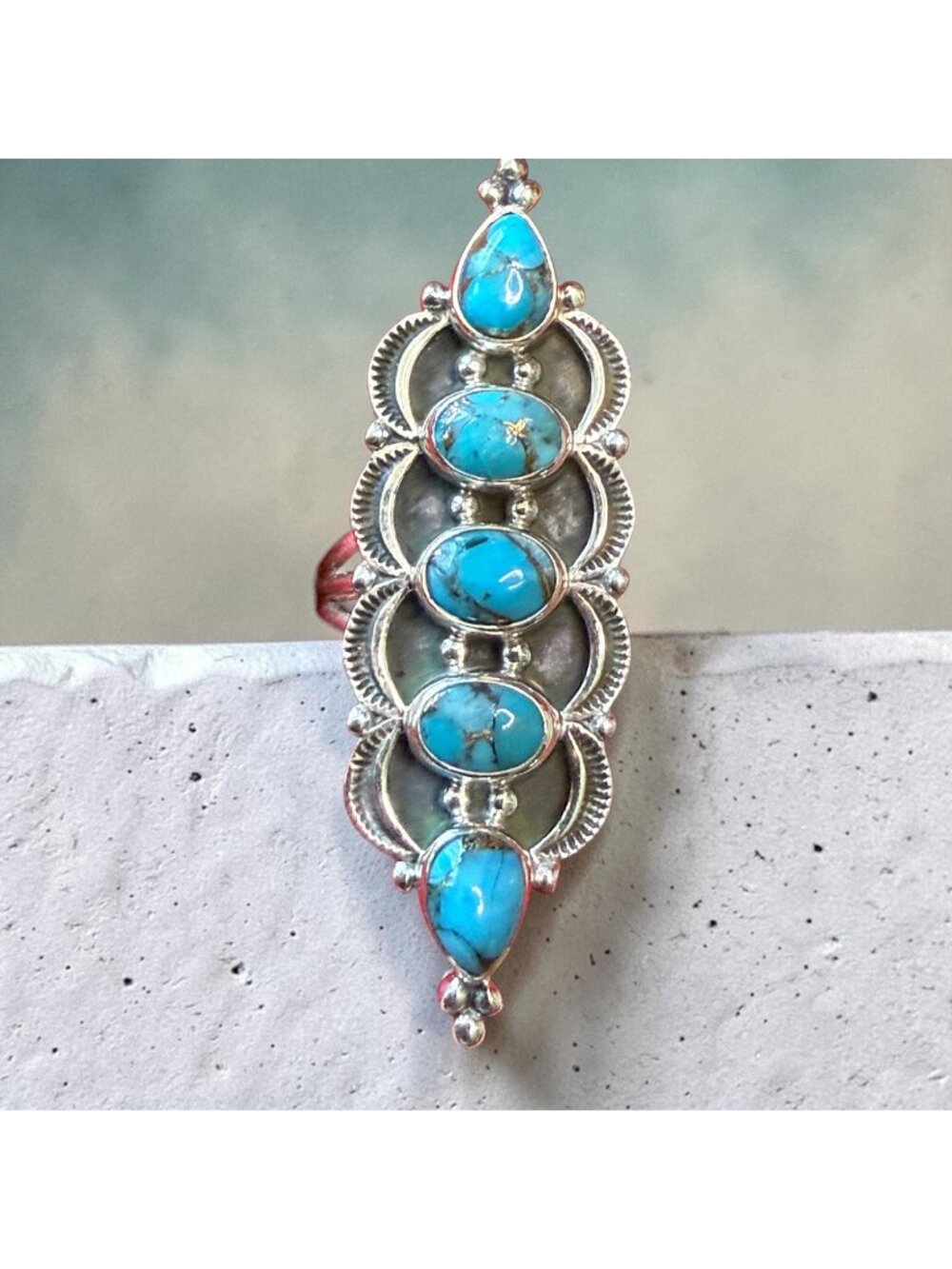 Sterling Silver Turquoise Statement Ring Size 6.5 Handmade In India 2 Inches